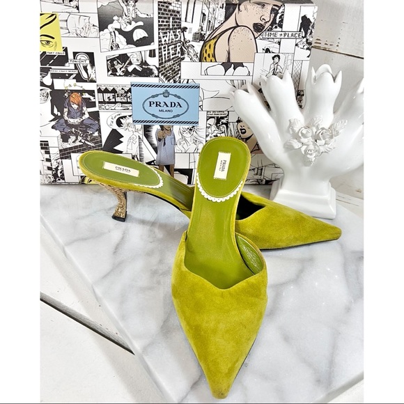 |SOLD| Prada Avocado Suede Leather Mules with Decorative Heel - Picture 7 of 8